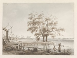 Vista de una plantación con candado a la izquierda de Hendrik Huygens