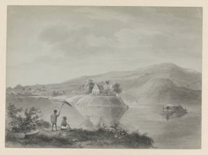 Vista de un río con algunas casas, posiblemente Berg en Dal de Hendrik Huygens