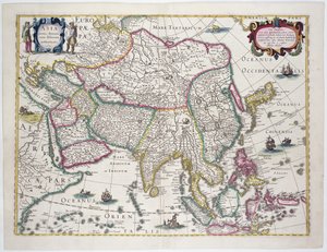 Mapa general incluyendo Arabia, Japón, la península de Corea y la mayor parte del archipiélago indonesio, 1631 (grabado en color)