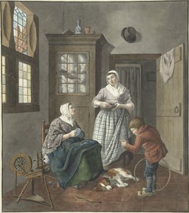 Interior con mujer de costura, criada y niño jugando de Hendrik Jan van Amerom