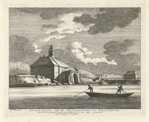 Sagging Muiderpoort, visto desde Singelgracht, 1769 Imagen de Muyderpoort en Amsterdam, zoológico como el synde colapsado, se puede ver desde el exterior, en zigzag (título sobre el objeto) de Hendrik Keun