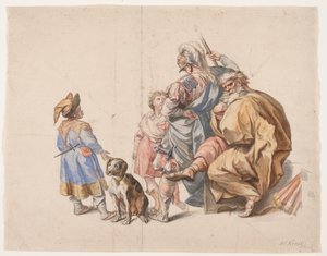 Composición de figuras con bufón negro y perro