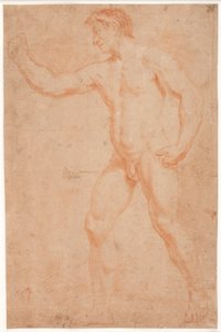 Estudio de modelo masculino, de pie, con el brazo levantado de Hendrik Krock