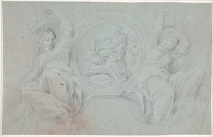 Dos figuras femeninas sentadas alrededor de un medallón con la lucha de Hércules (o Sansón) con el león de Hendrik Krock