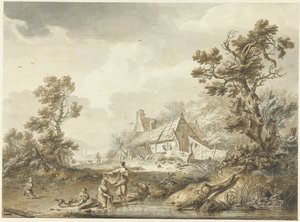 Granja con mujeres lavando en primer plano de Hendrik Meijer