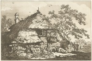 Granja con una vaca, dos ovejas y un burro en el patio Doce diseños calculados para el uso de aquellos que están aprendiendo a dibujar paisajes (título de la serie) de Hendrik Meijer