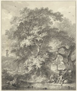 Vista del bosque con pastores descansando en una cascada de Hendrik Meijer