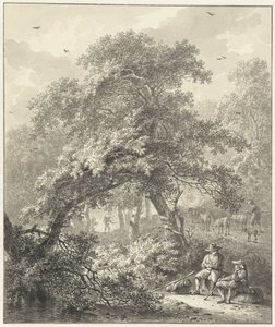 Vista del bosque con viajeros descansando bajo un árbol de Hendrik Meijer