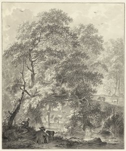 Vista del bosque con dos niños con un perro sentado junto al agua