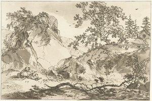 Heuvelachtig landschap met een rustende man Doce diseños calculados para el uso de quienes están aprendiendo a dibujar paisajes (título de la serie) de Hendrik Meijer