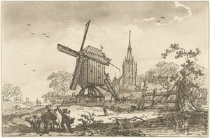 Paisaje con un molino de viento y una iglesia. Doce diseños calculados para el uso de quienes están aprendiendo a dibujar paisajes (título de la serie)