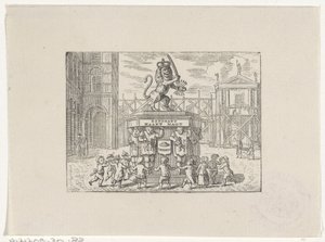 Niños bailando en círculo alrededor de un monumento de las Siete Provincias