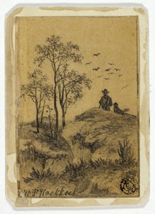 Cazador y perro en la colina observando pájaros