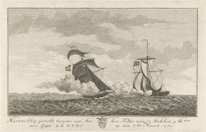 Batalla contra un cortador fuerte, 1782 Lucha feroz contra un fuerte Kotter de 18 piezas (...) por Capt: Le Turc el 7 de marzo de 1782 (título sobre objeto)