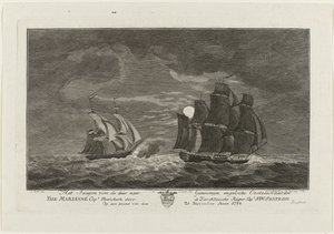 Sextroh caza en el Marianne, 1782 La caza del navegante báltico inglés Allá a los genomas El capitán Marianne. Philskerk por el Capitán Zierikzeesche Kaper. J:W:Sextroh En la noche del 20 de noviembre de 1782 (título sobre el objeto) de Hendrik Roosing