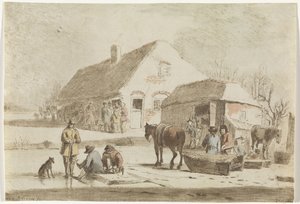 Patinadores de hielo y un trineo en una granja. de Hendrik Spilman