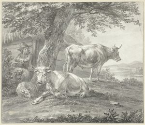 Dos vacas y dos ovejas bajo un árbol cerca de un granero de Hendrik Stokvisch