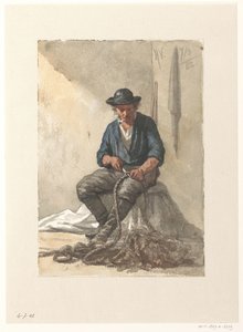 Pescador sentado trabajando en una cuerda