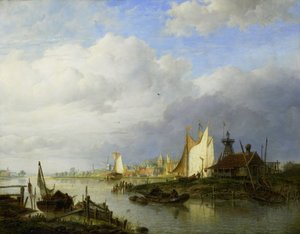 Barcos en un río con un faro de luz de Hendrik Vettewinkel