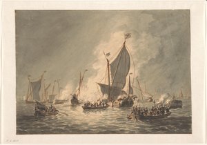 Destrucción e incendio de barcos españoles por los mendigos del mar en Den Briel, 1572 de Hendrik Vettewinkel