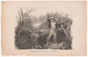 Niños y un lobo en el bosque. Niños asustados por un lobo (título sobre objeto)