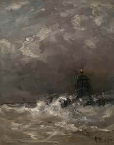 Faro en olas rompientes de Hendrik Willem Mesdag