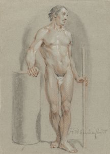Desnudo masculino de pie, sosteniendo un bastón, apoyando un cilindro de estudio
