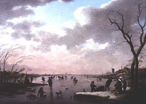 Escena de invierno, figuras en el hielo