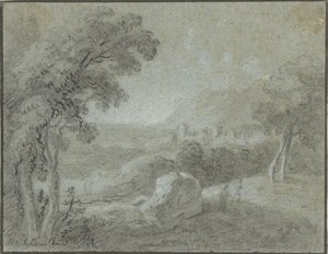 Paisaje montañoso del sur con una ciudad en el horizonte de Hendrik Willem Schweickhardt
