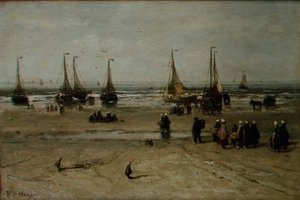 Paisaje costero con barcos de pesca y pescadores