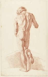 Hombre desnudo de pie, visto desde atrás, apoyado en la rodilla derecha