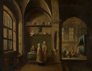 Un interior renacentista con figuras : El nacimiento de San Juan, c.1600-49 (óleo sobre cobre) de Hendrik the Younger Steenwyck