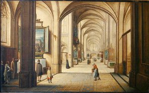 Interior de iglesia con un sacristán mostrando una pintura a los visitantes, 1608 de Hendrik the Younger Steenwyck