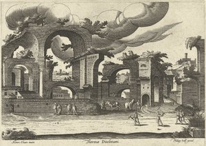 Ruinas de los Baños de Diocleciano desde el lado con dos hombres jugando al croquet en primer plano, 1585 de Hendrik van Cleve III