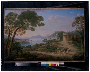 Un extenso paisaje clásico con figuras sentadas ante un tempietto de Hendrik van Lint