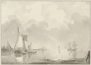 Vista de la costa con barcos en aguas tranquilas de Hendrik van den Helm
