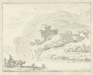 Paisaje de montaña de estilo italiano con pastores y ganado, y dos figuras en un bote que cruza el río de Hendrik van der Straaten (attributed to)