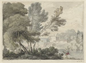 Paisaje fluvial con un hombre con una red de desembarco en primer plano de Hendrik van der Straaten (possibly)