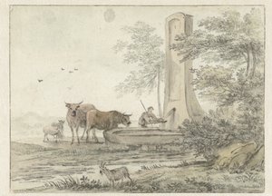 Paisaje de estilo italiano con Herder y su ganado vacuno y ovino en una fuente de Hendrik van der Straaten