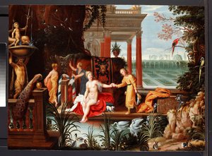Betsabé en la piscina con sus asistentes, c.1600-42 (óleo sobre tabla) de Hendrik van the Elder (circle of) Balen