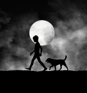Niño y perro a la luz de la luna de Hengki Lee