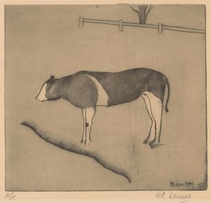 Vaca de pie junto a un banco de Henk Henriët (signed by artist)