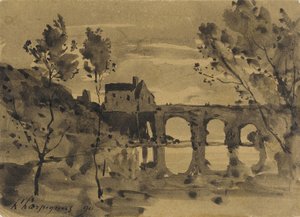 Paisaje fluvial con puente y casa de Henri-Joseph Harpignies
