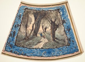 Viajeros en un sendero boscoso con un borde de figuras caprichosas y monos de Henri-Joseph Harpignies