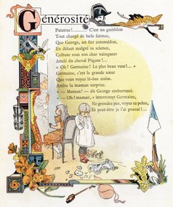 Letra G Generosite - Gendarme Grue Guepe Godets Giroflee Gourde Grenouille - Grabado en "Alphabet des bons exemples" - Jules Levy, editeur - Illustrations de Henri Boulanger, alias Henri Gray (1858-1924). Textos (poemas) de Mme P. Boulanger - Grabado e i de Henri (1858 1924) Gray