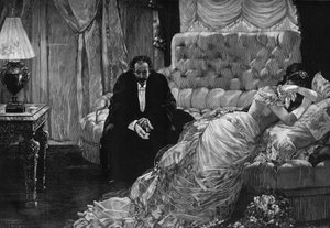 Regreso del baile: una escena de celos entre una mujer llorando y un hombre nerviosamente quitándose los guantes. Grabado después de la pintura de Henri Gervex (1852-1929). En 