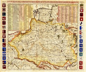 Mapa de Polonia con partes de Livonia y del Gran Ducado de Moscú par Chatelain, Henri Abraham (1684-1743). Aguafuerte, acuarela