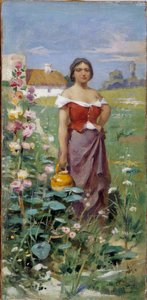 Camargaise una jarra Mujer joven vestida con una gitana en un campo. Pintura de Adrien Henri Tanoux (1865-1923) Siglo XX Mención obligatoria: Colección fondation regards de Provence, Marsella de Henri Adrien Tanoux