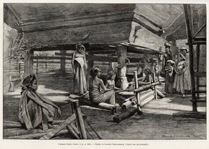 Mujeres batak, grupo étnico del norte de Sumatra, tejiendo. Grabado por Laurent Desrousseaux para ilustrar la historia “un año en Malasia” de Jules Claine (1889-1890) de Henri Alphonse Louis Laurent Desrousseaux