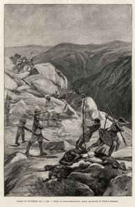 Ataque de Oua-Elgedjo. Grabado de Laurent Desrousseaux para ilustrar la historia "Al rescate de Emin Pacha", del Doctor Peters (1856-1918) de Henri Alphonse Louis Laurent Desrousseaux
